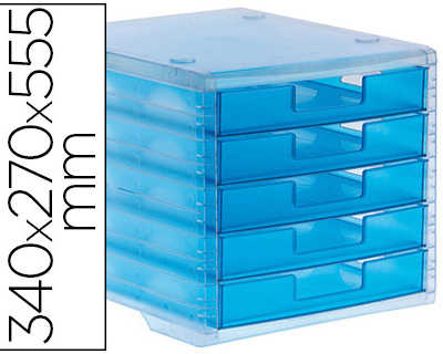 module-classement-q-connect-5-tiroirs-ouverts-base-340x270x260mm-butae-sacurita-coloris-bleu-translucide