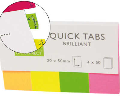 marque-pages-q-connect-20x50mm-200f-repositionnable-coloris-fluorescents-pochette-4-blocs-50f