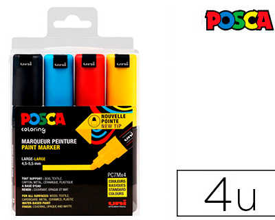 marqueur-posca-pc7m-gouache-en-cre-inodore-toutes-surfaces-pointe-large-conique-coloris-noir-jaune-bleu-clair-rouge-4u