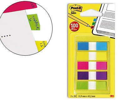 marque-pages-post-it-mini-inde-x-atroit-12x44mm-set-5-paquets-20-unitas-coloris-bleu-jaune-rouge-vert-violet