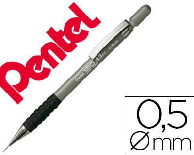 porte-mine-pentel-a310-0-5mm-c-orps-plastique-canon-4mm-embase-caoutchouc-ergonomique-2-mines-hi-polymere-coloris-gris