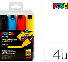 marqueur-posca-pc7m-gouache-en-cre-inodore-toutes-surfaces-pointe-large-conique-coloris-noir-jaune-bleu-clair-rouge-4u
