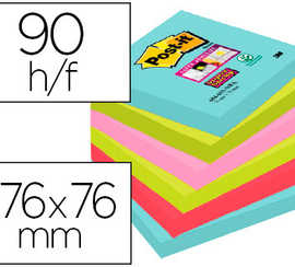 bloc-notes-post-it-super-stick-y-couleurs-miami-76x76mm-90f-repositionnables-adhasif-renforca-bleu-vert-rose-6-blocs