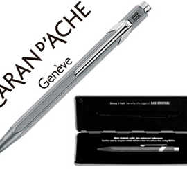 stylo-bille-caran-d-ache-849-g-oldbar-original-3-microns-or-bouton-poussoir-gris-ardoise-encre-bleue-pointe-moyenne-tui