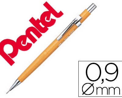 porte-mine-pentel-p200-0-9mm-e-mbout-et-agrafe-matalliques-canon-fixe-longueur-4-mm-gomme-rechargeable-corps-jaune