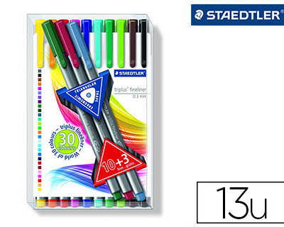 stylo-feutre-staedtler-triplus-fineliner-largeur-trait-0-3mm-triangulaire-couleurs-assorties-bo-te-13-unit-s-3-offerts