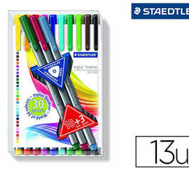stylo-feutre-staedtler-triplus-fineliner-largeur-trait-0-3mm-triangulaire-couleurs-assorties-bo-te-13-unit-s-3-offerts