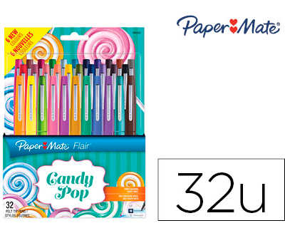stylo-feutre-paper-mate-flair-original-pointe-moyenne-1mm-longue-durae-de-vie-pochette-32-coloris-assortis-candy-pop