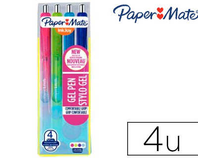 stylo-bille-paper-mate-inkjoy-gel-ratractable-acriture-moyenne-0-7mm-encre-douce-grip-assortis-fun-pochette-4-unitas