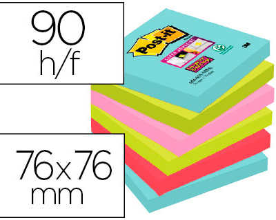 bloc-notes-post-it-super-stick-y-couleurs-miami-76x76mm-90f-repositionnables-adhasif-renforca-bleu-vert-rose-6-blocs