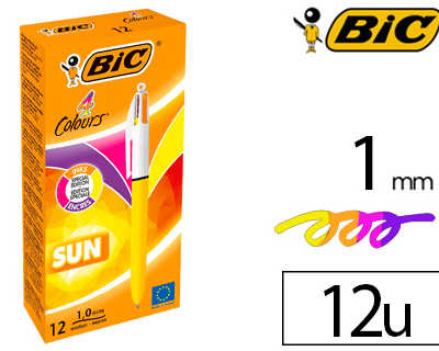 stylo-bille-bic-4-colours-sun-pointe-moyenne-1mm-couleurs-fun-violet-rose-jaune-fluo-orange