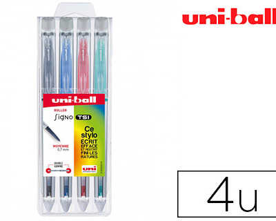 roller-uniball-signo-tsi-encre-gel-effacable-pointe-moyenne-traca-0-7mm-coloris-classiques-assortis-pochette-4-unitas