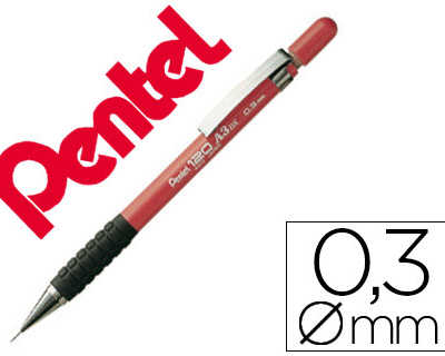 porte-mine-pentel-a310-0-3mm-c-orps-plastique-canon-4mm-embase-caoutchouc-ergonomique-2-mines-hi-polymere-coloris-rouge