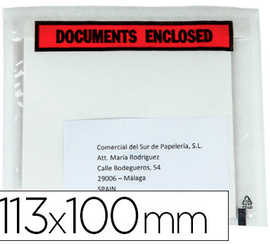 enveloppe-q-connect-porte-docu-ments-transparente-113x100mm-auto-adhasive-texte-anglais-impression-noir-rouge-bo-te-100u