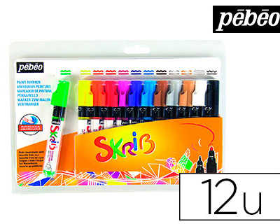 marqueur-peinture-p-b-o-skrib-gouache-arc-en-ciel-m-che-0-7-4mm-coloris-vert-jaune-rouge-et-bleu-pochette-12-unit-s