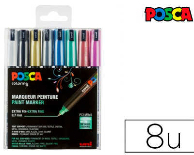 marqueur-posca-pointe-calibrae-extra-fine-coloris-matallisas-blanc-noir-or-argent-bleu-vert-rouge-et-rose-8-unitas