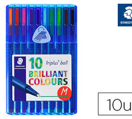 stylo-bille-staedtler-triplus-ball-437-m-pointe-matal-moyenne-0-45mm-encre-infalsifiable-atui-chevalet-10-assortis