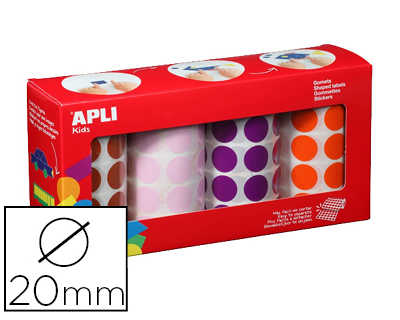 gommette-apli-kids-permanente-ronde-20mm-coloris-rose-marron-lilas-orange-bo-te-4-rouleaux