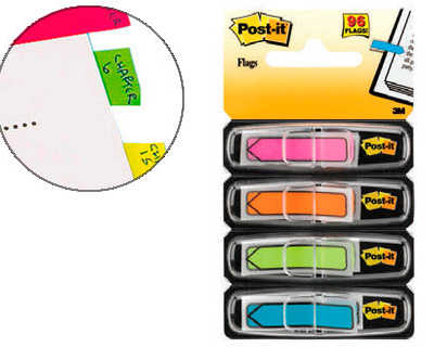 marque-pages-post-it-index-fle-ches-12x44mm-96f-coloris-vifs-bleu-jaune-rouge-vert-lot-4x24-unitas
