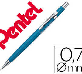 porte-mine-pentel-p200-0-7mm-e-mbout-et-agrafe-matalliques-canon-fixe-longueur-4-mm-gomme-rechargeable-corps-bleu