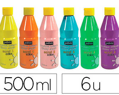 gouache-acrylique-pabao-acrylc-olor-indalabile-couvrante-brillante-tous-supports-coloris-pastel-lot-6-flacons-500ml