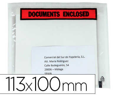 enveloppe-q-connect-porte-docu-ments-transparente-113x100mm-auto-adhasive-texte-anglais-impression-noir-rouge-bo-te-100u