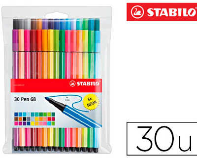 feutre-coloriage-stabilo-pen-6-8-pointe-moyenne-ogive-robuste-pochette-de-30-unitas-dont-6-fluos