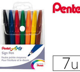 stylo-feutre-pentel-sign-pen-a-criture-large-0-8mm-pointe-fibre-acrylique-encre-soluble-eau-pochette-7-couleurs-assortie