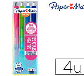 stylo-bille-paper-mate-inkjoy-gel-ratractable-acriture-moyenne-0-7mm-encre-douce-grip-assortis-fun-pochette-4-unitas