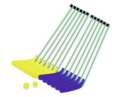 kit-hockey-junior-contient-12-crosses-95cm-6-bleus-6-jaunes-1-palette-1-balle