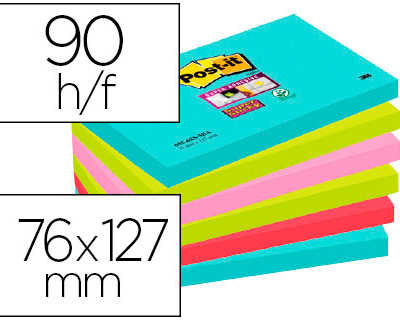 bloc-notes-post-it-super-stick-y-couleurs-miami-76x127mm-90f-repositionnables-adhasif-renforca-bleu-vert-rose-6-blocs