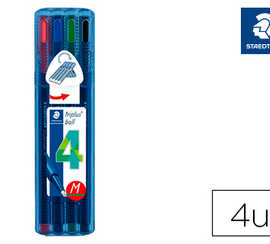 stylo-bille-staedtler-triplus-ball-437-m-pointe-matal-moyenne-0-45mm-encre-infalsifiable-atui-chevalet-4-assortis